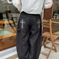 배색 레트로 워싱 하이웨이스트 데님 긴 청바지