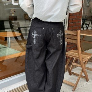 배색 레트로 워싱 하이웨이스트 데님 긴 청바지