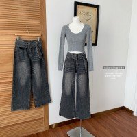 블랙 회색 벨트 청바지 여성 겨울 긴 바지 2025 겨울 신제품