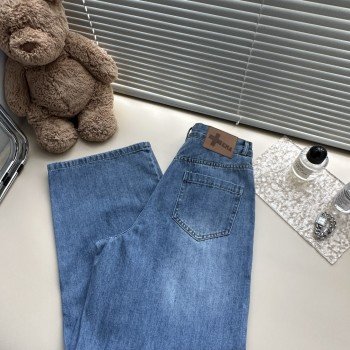 한국 동대문 오더 레트로 워시 가죽 카드 데님 와이드 레그 팬츠 청바지