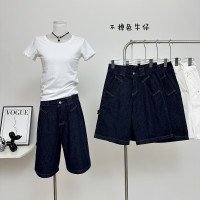 배색 데님 반바지 여성 여름 얇은 스타일 루즈핏 스트레이트 오부 바지