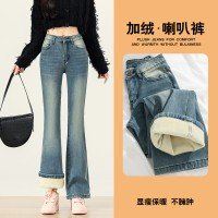 기모 두꺼운 부츠컷 청바지 여성 2025 겨울 뉴 신축성 나팔 바지 1687