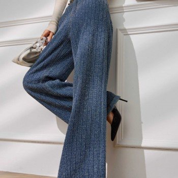 샤넬 스타일 워싱 블루 하이웨이스트 스트레이트 청바지  와이드 롱 버전 바지