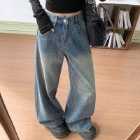 작은 키 9부 핫픽스 넓은 다리 청바지 여성 2025 하이웨이스트 루즈핏 고급 롱 바지