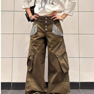 빅 포켓 레오파드 무늬 패치워크 청바지 남녀 캐주얼 루즈핏 바지