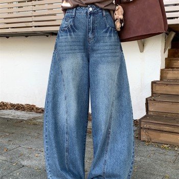 아메리칸 워싱 하이웨이스트 루즈핏 슬림해 보이는 와이드 청바지 여성