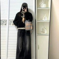 아메리칸 키 큰 블랙 회색 와이드 청바지 하이웨이스트 스트레이트 팬츠 루즈핏 롱 바지 플러스 긴 바지