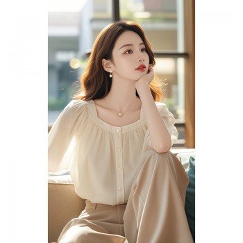 요정 가스 펄럭 이는 슬림 느슨한 화이트 쉬폰 톱 빛 요리 한 프랑스어 틈새 시장 게으른 바람 짧은 소매 여성 셔츠 여름 섹션
