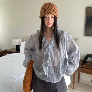 있음 창고 한 부서 V넥 긴팔 체크무늬 프릴 셔츠