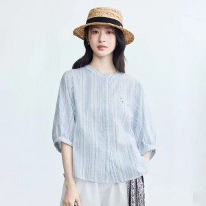 절묘한 자수 프로 피부 통기성 슬림해 보이는 여성 셔츠 26 여름 출퇴근 루즈핏 라운드 넥 중간 소매 스트라이프