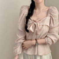 재고 있음 chic 프랑스식 부드러운 바람 달콤함 연령 감소 단색 광장 칼라 긴팔 맨위