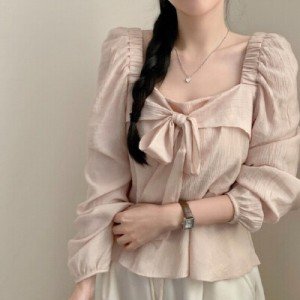 재고 있음 chic 프랑스식 부드러운 바람 달콤함 연령 감소 단색 광장 칼라 긴팔 맨위