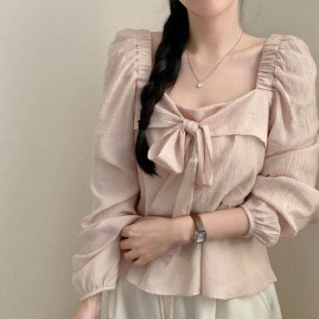 재고 있음 chic 프랑스식 부드러운 바람 달콤함 연령 감소 단색 광장 칼라 긴팔 맨위