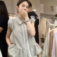 한숟가락 달콤한 hers 미니멀리즘 레트로 레이스 조각 체크무늬 작은 셔츠 여성 2026 봄 맨위 80342