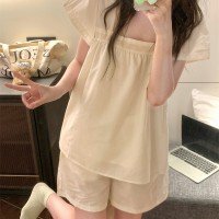 실사 여름 한 부서 달콤함 레이스 광장 칼라 작은 날다 소매 가정 서비스 잠옷 세트