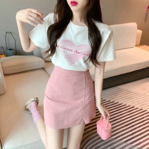 실제 촬영 정가 여름 새로운 정장 와일드 인쇄 티셔츠 사탕 색상 스플릿 높은 허리 짧은 스커트