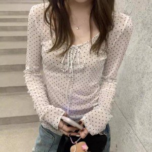 나비 매듭 도트 무늬 V넥 긴팔 티셔츠 여성 봄 여름 싱글 착용 얇은 스타일 망사 순수한 욕망 마이크로 티셔츠
