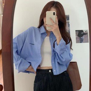슬림 여자 수직 줄무늬 자수 셔츠 긴 소매 자외선 차단제