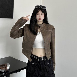레트로 카라 여성 자켓 빈티지 숏 가죽 의류 자켓
