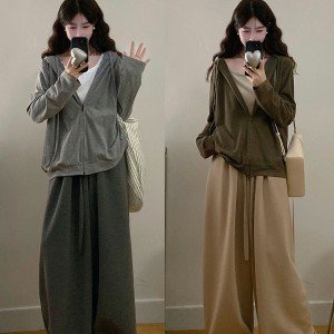  페이크 레이어드 집업후드 + 스트레이트 캐주얼 바지 세트 L-4XL