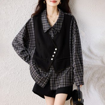 페이크 레이어드 패치워크 루즈핏 슬림바디 연출 셔츠 L-5XL