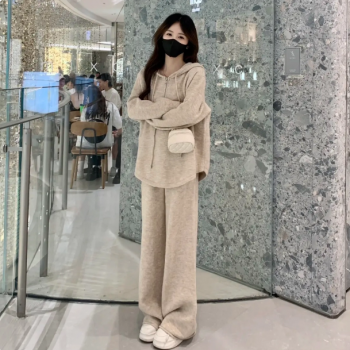 후드 니트 스웨터 + 캐주얼 바지 투피스 세트 S-XL