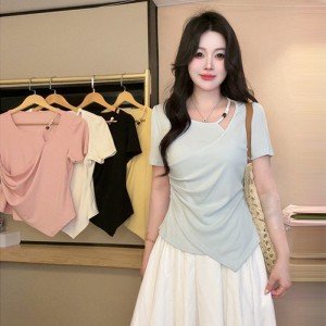 빅 사이즈 여성 의류 허리 수축 반팔 티셔츠 M~4XL